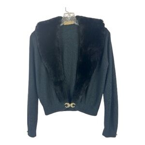 Vintage Sz S/M Black Sweater Cardigan Faux Fur Trim Rhiinestone Closure